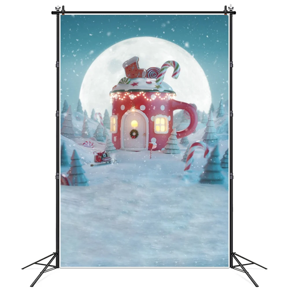 

Christmas Teapot Cabin Moon Night Forest Photography Backgrounds Custom Baby New Year Party Decoration Studio Photo Backdrops