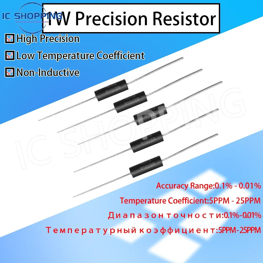 

5pcs 1W EE High Precision Non-Inductive Resistors Low TCR Metal Film Calibration Sampling Resistors 0.1% 1R-10MR 10K 30K 1M