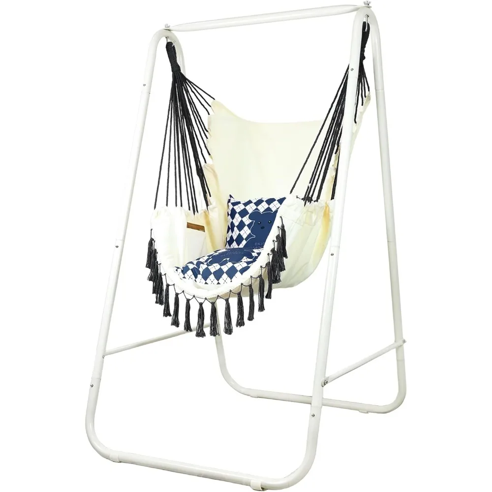 

Macrame Hammock Swing Chair with Stand, Hanging Hammock Chair with Stand, Indoor/Outdoor Tassel Swing Chair Set with Pocket and