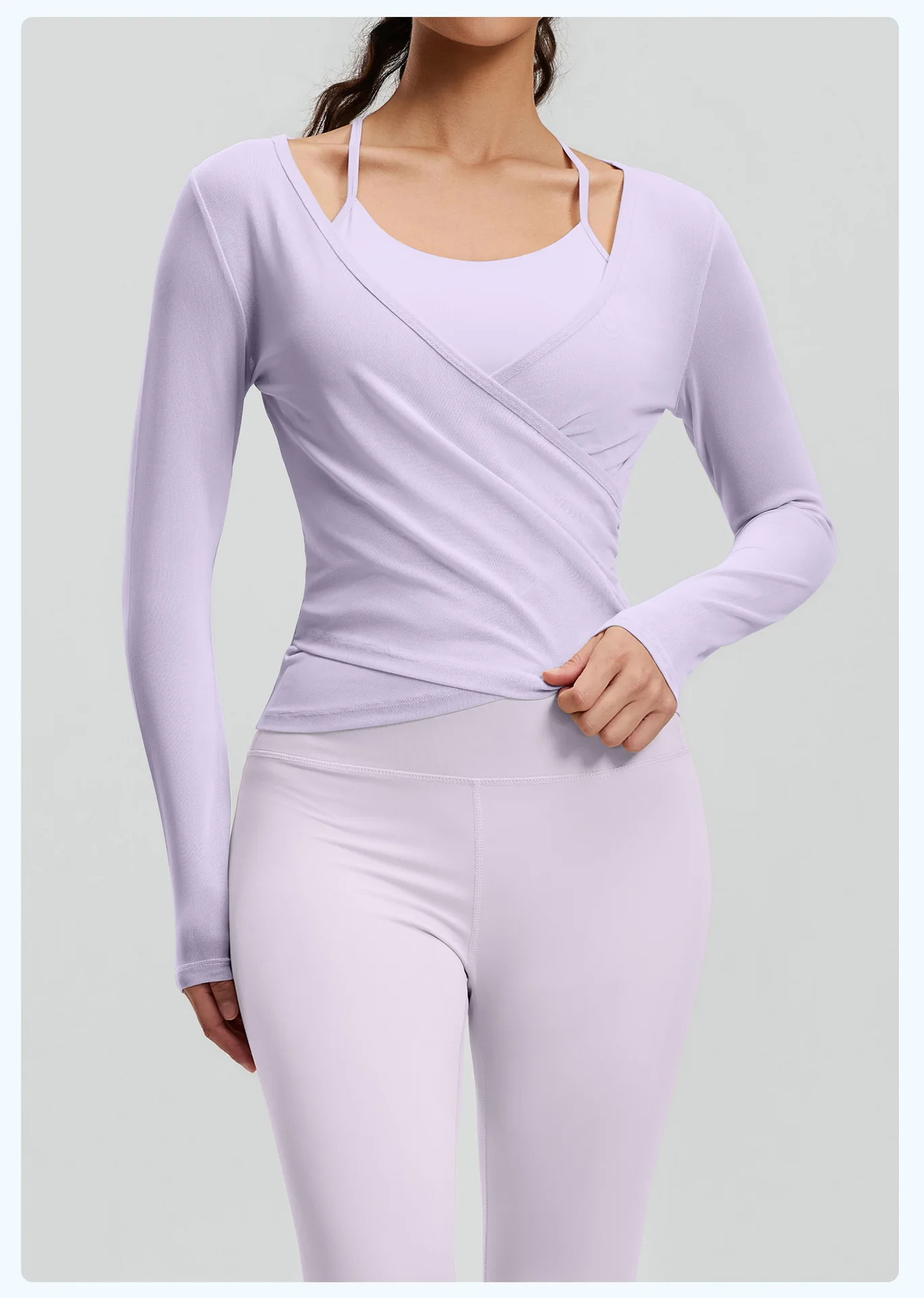 Women 3Pcs Yoga Set Mesh Breathable Wrap Long Sleeve Top Built-in Bra High Waist Butt Lift Leggings Workout Fitness Suit