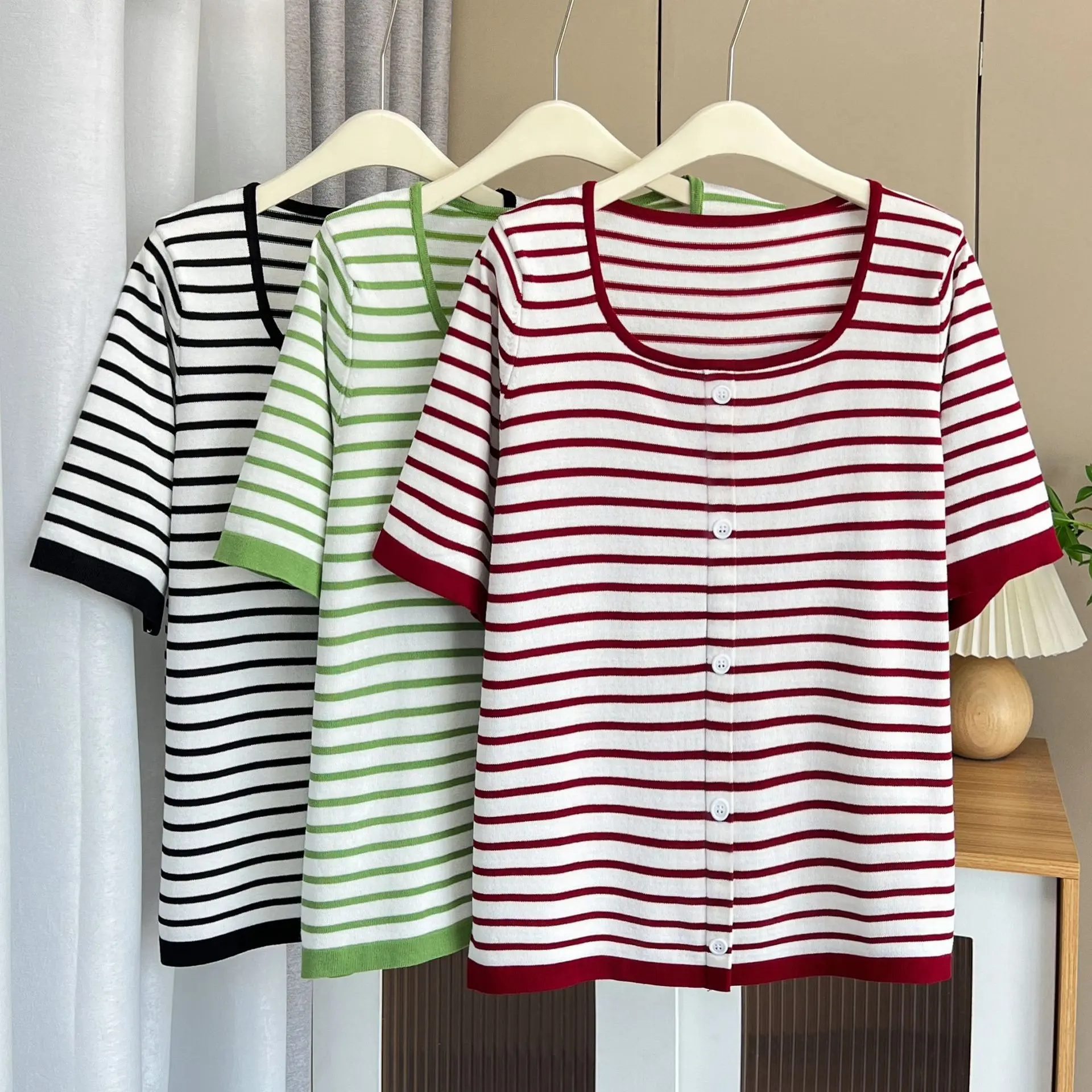 Striped Ice Silk Knit Tees Women 2024 Summer New Plus Size Thin Square Collar Style Pullover Short Sleeve T-Shirt