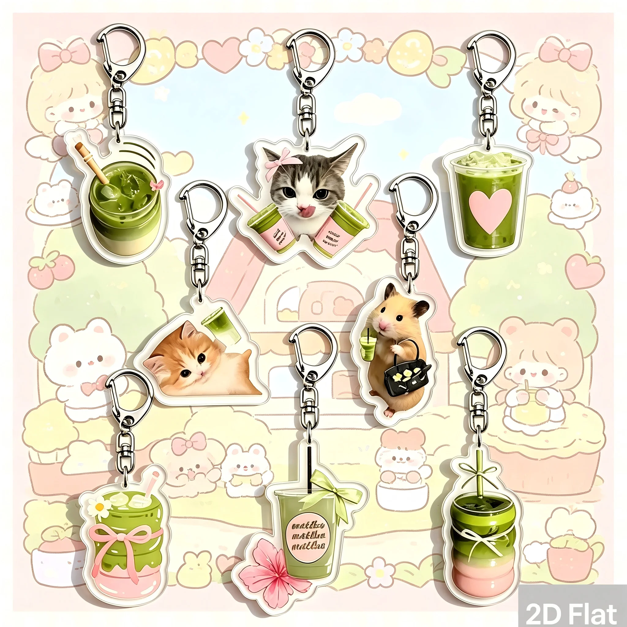 1/8 Stück Niedlicher Matcha-Getränk Katzen-Hamster Acryl-Schlüsselanhänger Blumen-Taschenanhänger Modischer Anhänger Auto-Schlüsselzubehör Geschenk für Frauen