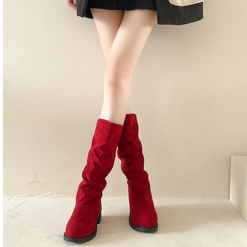 

Ковбойские сапоги выше колена на подкладке в стиле вестерн, женские модные сапоги, осень-зима, высокая застежка-труба, резиновая подошва с круглым носком