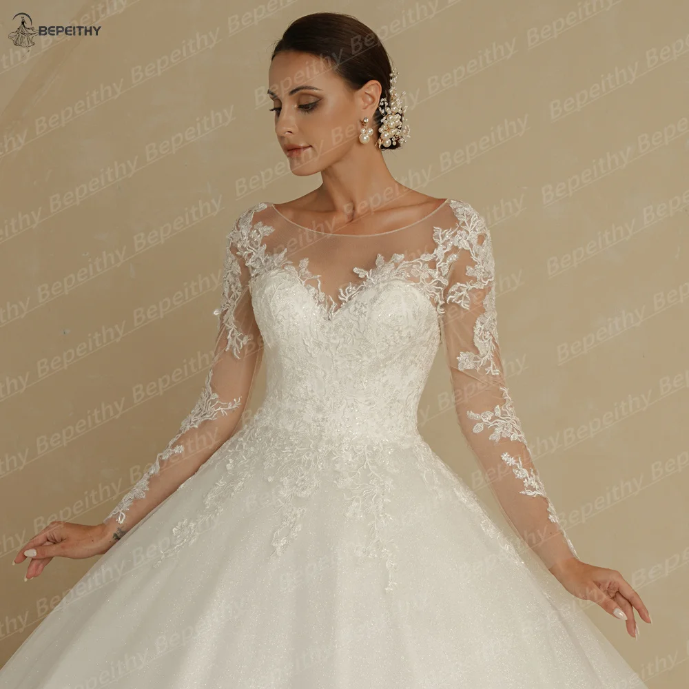 BEPEITHY Customized Luxury Full Sleeves Princess Wedding Dresses For Women Glitter Court Train Lace Boho Bride Bridal Gowns image 4