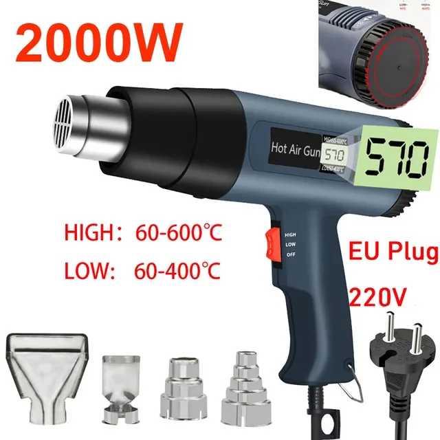 Pistolet na gorące powietrze 220V z regulacją temperatury, zaawansowany elektryczny pistolet na gorące powietrze z regulacją temperatury.