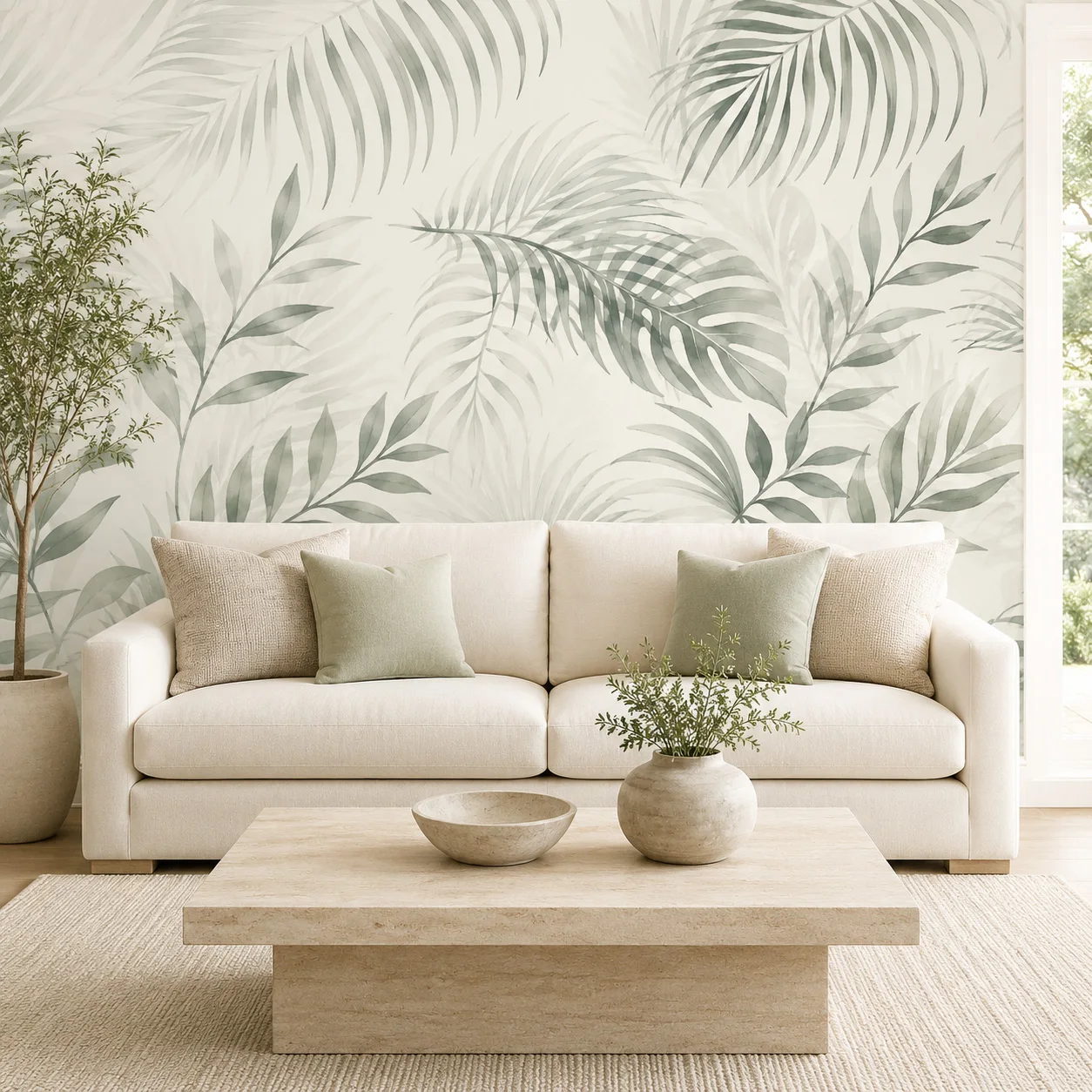 Neutral Tropical Leaf Self Adhesive Wallpaper Beige Botanical Wall Mural Peel and Stick Living Room Bedroom Home Decor Art Style