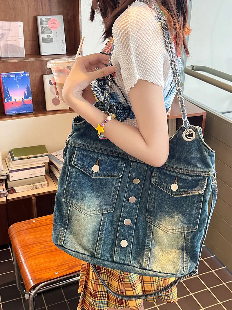 New Punk Denim Y2k Bag Women High Street Pockets Chic Vintage Casual Messenger Bags Designer Handbag Large Totes