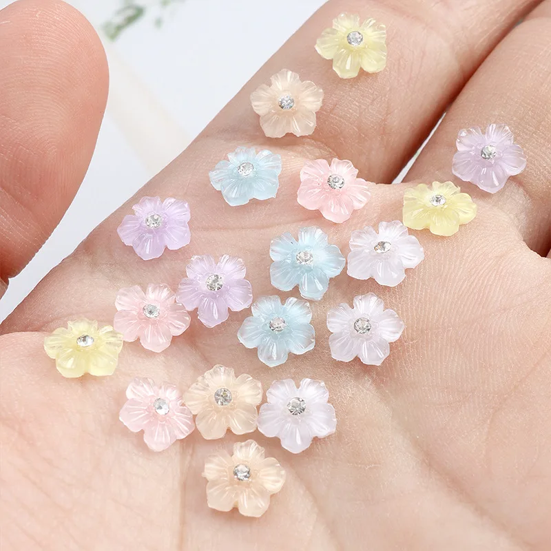 20pcs/Bag Cute Cartoon Small Flower Nail Accessories Rhinestone Fresh Flower Colored Diy Resin Nail Charms Decor Bulk Supply