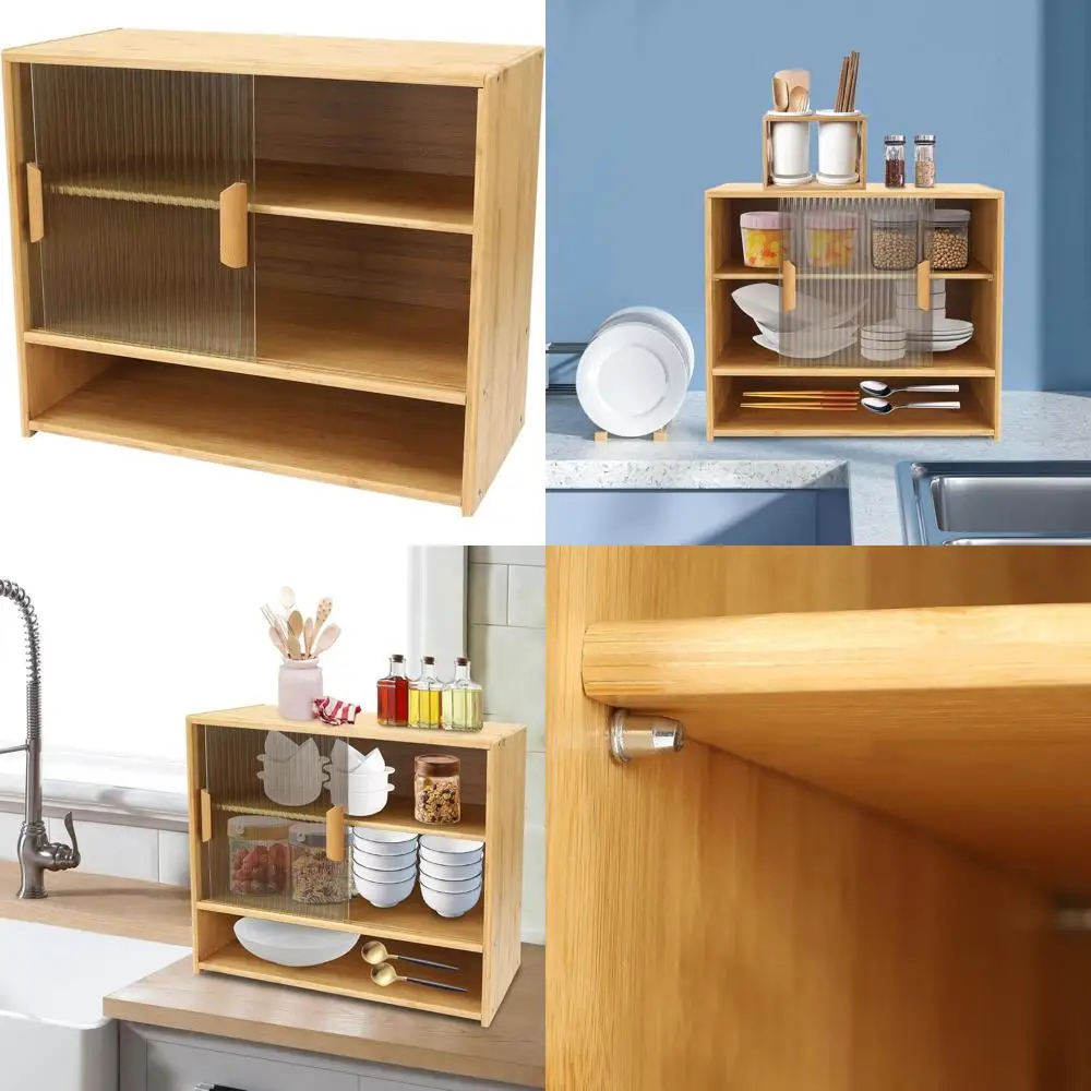 

Отдельно стоящая бамбуковая кухонная кладовая с раздвижными стеклянными дверями и регулируемыми полками