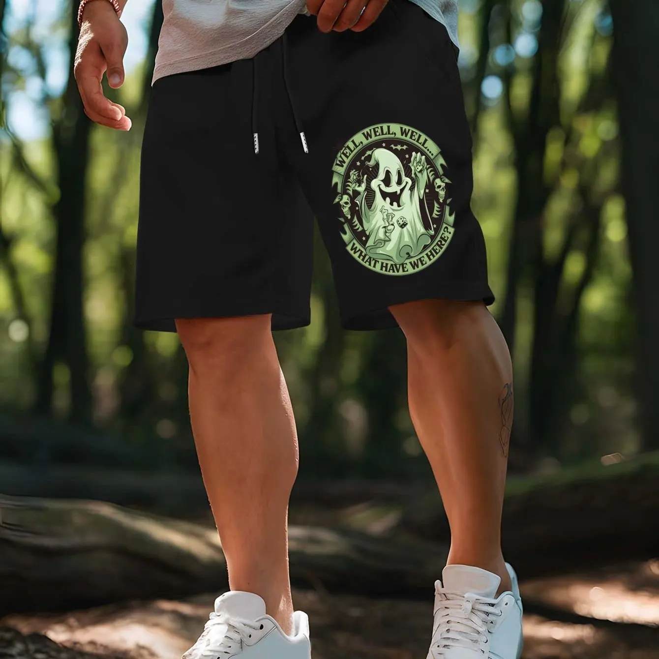 Men's Gothic Style Skull Print Casual Shorts Elastic Waistband Drawstring Summer Swimming Shorts Halloween Costume