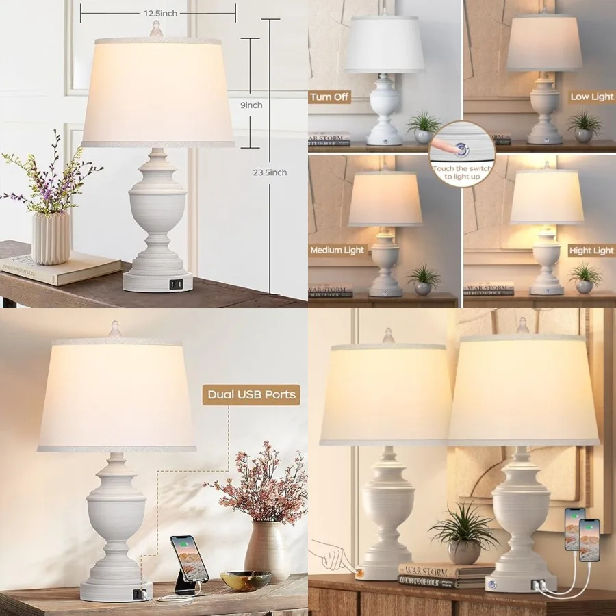

Table Lamps Set of 2, Modern Farmhouse Nightstand Lamp with USB Ports, 3-Way Dimmable Touch Control Washed Bedside Lamps with O