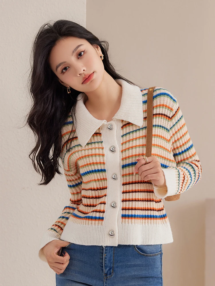 Vintage Color Blocking Rainbow Striped Sweater Women\'s Loose-fit Turn-down Collar Knitted Top Autumn Harajuku Casual Cardigan