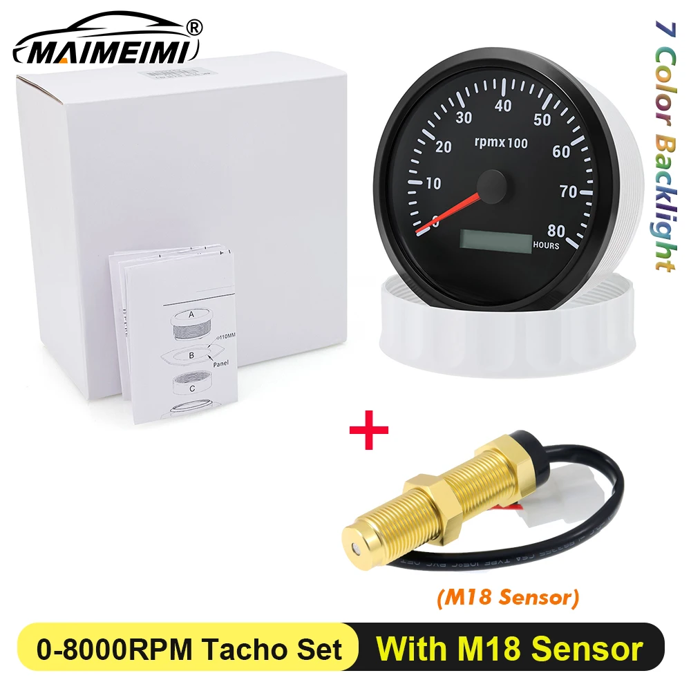 MH 110mm Auto Marine Tachometer RPM Meter Gauge REV Counter LCD Hourmeter with Tach Sensor M18 speed 3000 4000 6000 7000 8000rpm