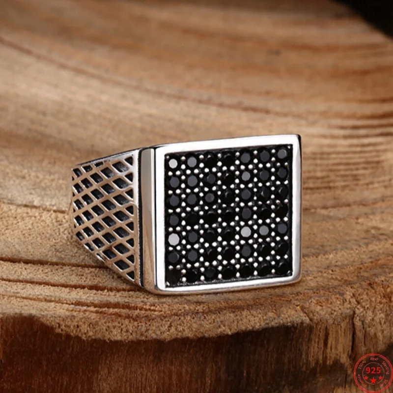 

S925 Sterling Silver Charms Rings for Men Women Rhombus Pattern Inlaid Micro Black Zircon New Fashion Punk Jewelry Wholesale