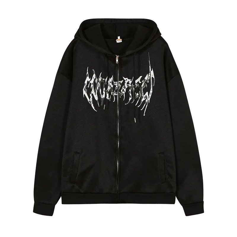 Gothic Graphic Print Jackets Women Y2K Zip Up Hoodies Streetwear Sweatshirts Hip Hop Tops Loose Harajuku Casual Coats