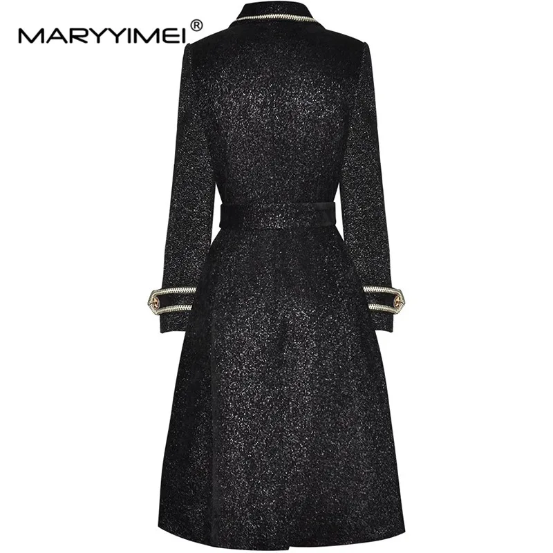 MARYYIMEI Autumn and Winter New style Women's Coat Turn-Down Collar Double Breasted Lace-Up Vintage Black Overcoat