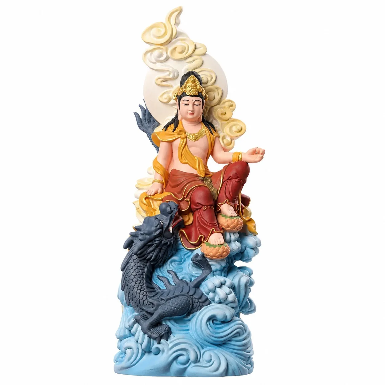 Hand Carved Hinoki Wood Guanyin Bodhisattva Riding Dragon Statue for Traditional Chinese Buddhist Home Altar Decor Gift