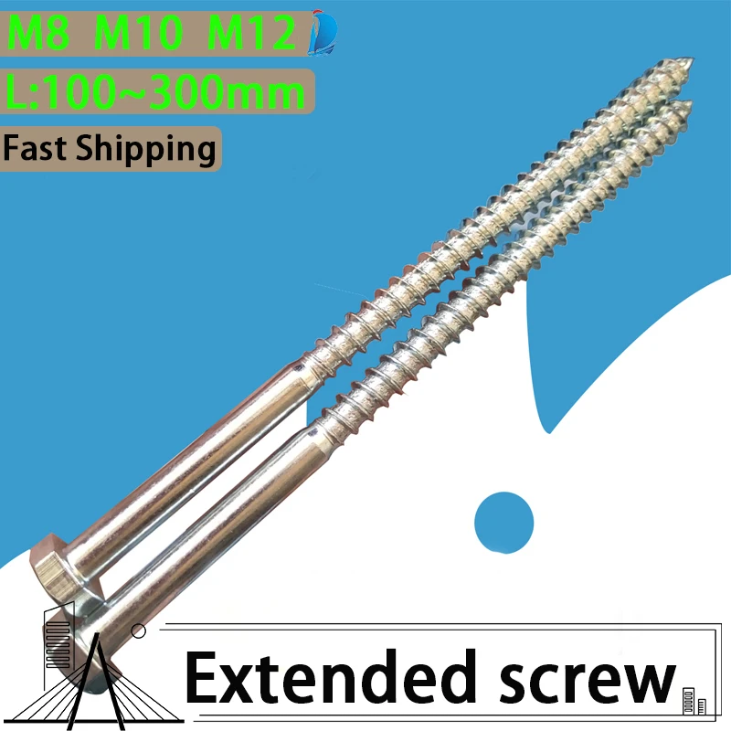 M8 M10 M12 Long 300mm Galvanized Carbon Steel Outer Hexagon Long Screw Extended Self Tapping Wood Screw