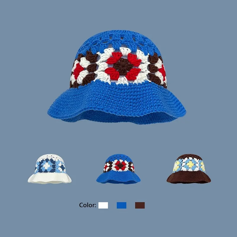 2023 Flower Crochet Bucket Hat Women Spring Autumn Handmade Knit Beanies MENS Korean Fashion Beach Bikini Panama Winter Warm Cap