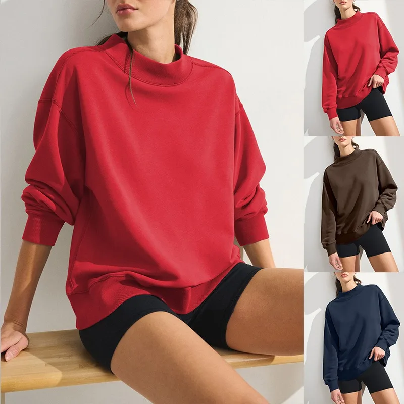European American Women Clothing Autumn Winter New Collection Women Sweatshirt Solid Color Semi-high Neck Loose Pullover Hoodie