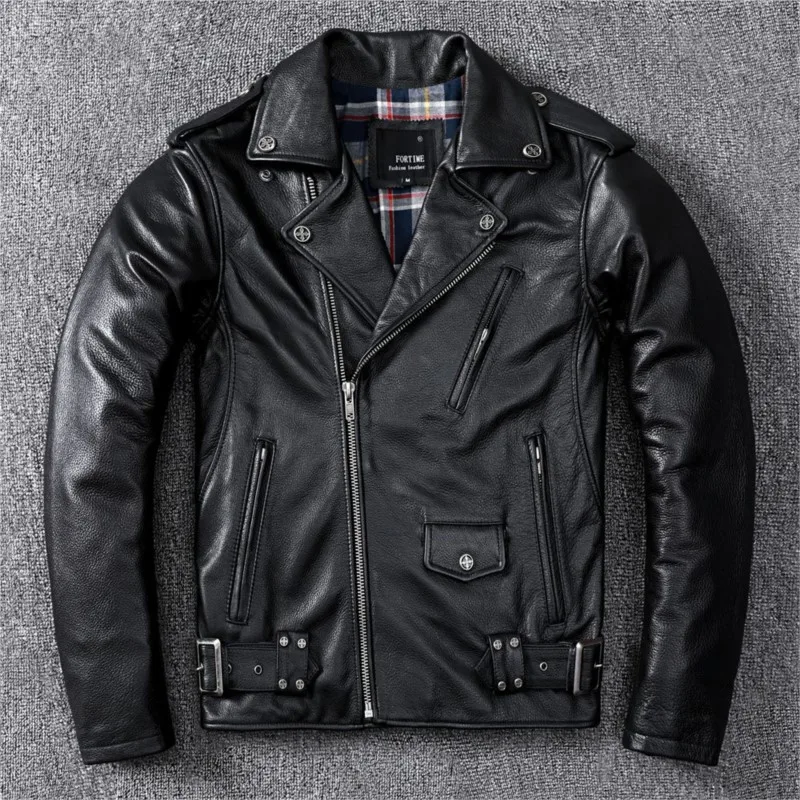 Motorcycle suit top layer pure cowhide leather men's short fitted