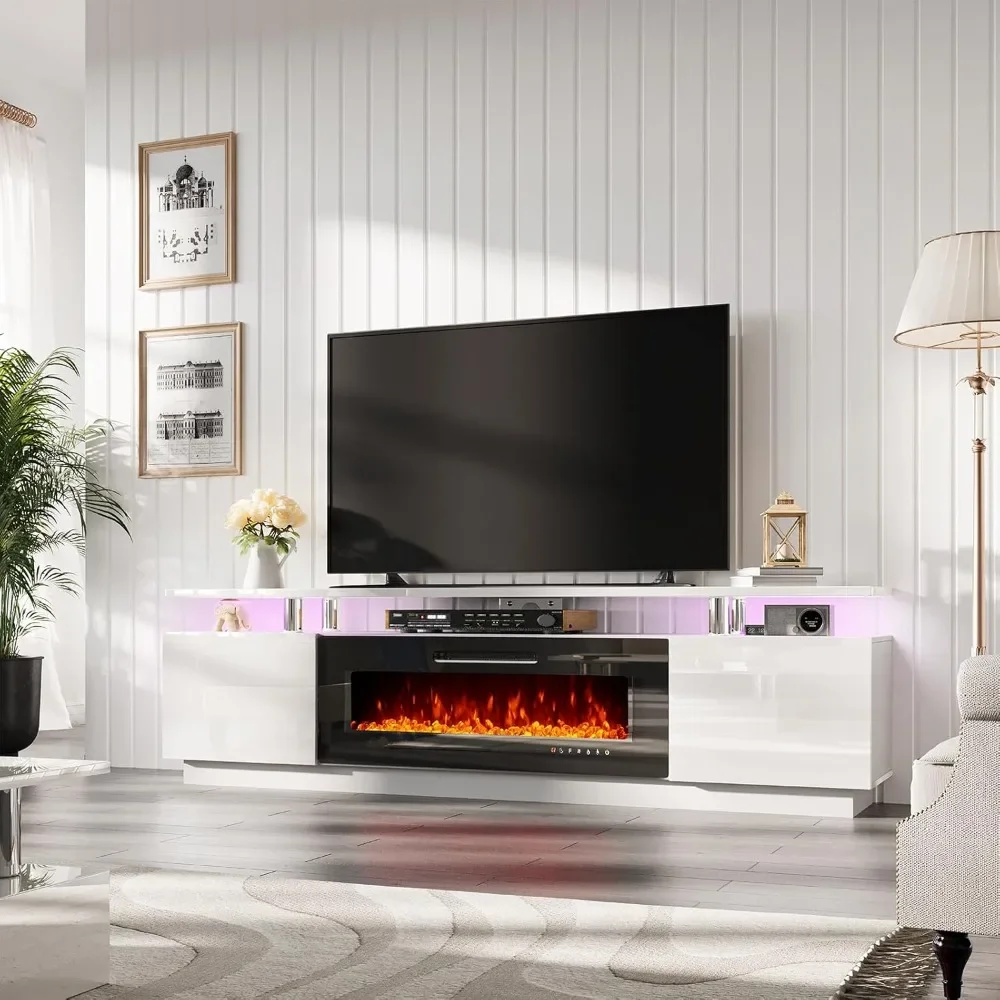Soporte para TV con chimenea de 40", mueble consola para televisores de hasta 90", 80", moderno centro de entretenimiento con chimenea de alto brillo