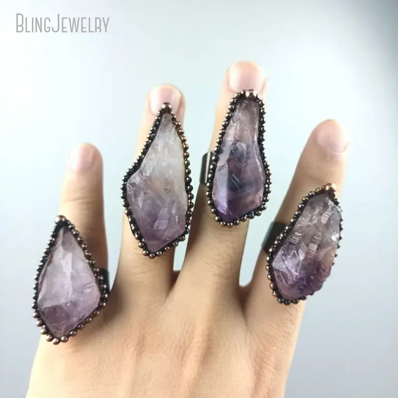 

10pcs Copper Electroformed Crystal Gothic Halloween ewelry Raw Amethyst Cocktail Statement Stainless Steel Band Ring