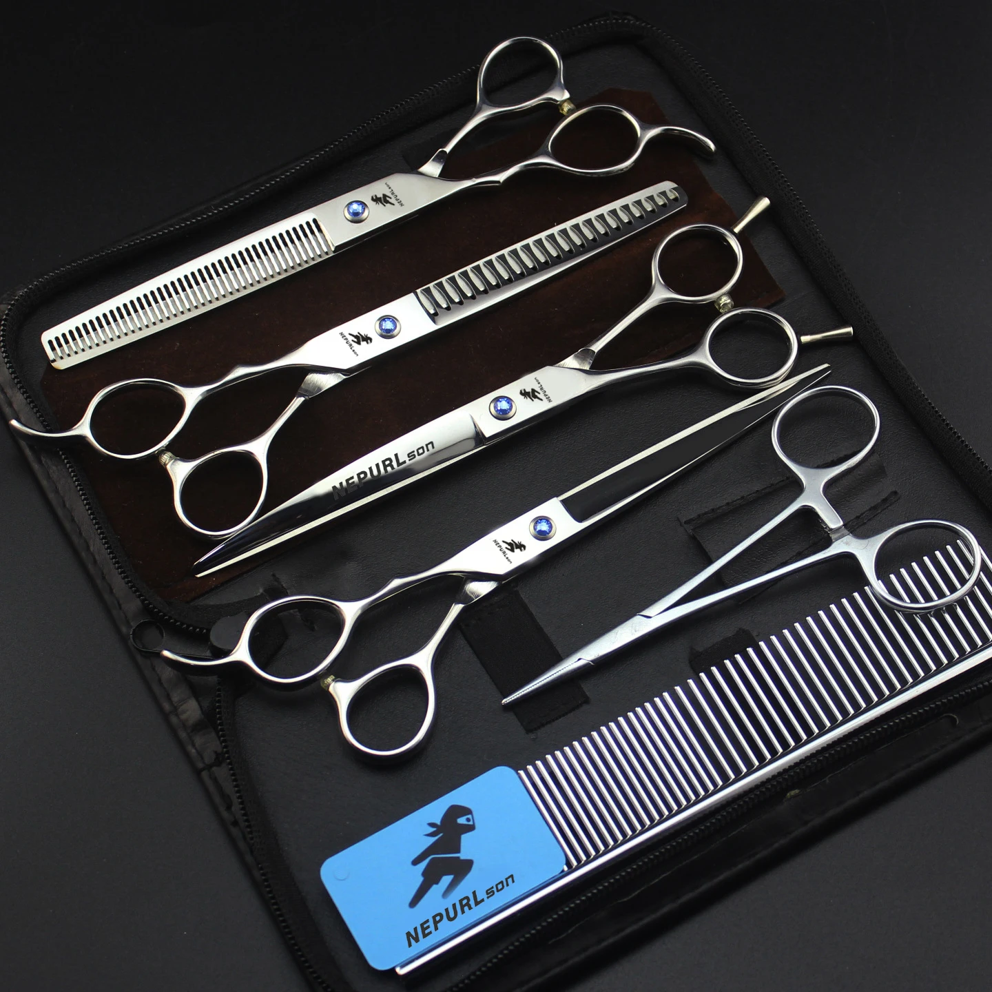 7.0 Inch Ps-4 Left Handed Sliver  Veterinary Animal Shaped Scissors Pet Grooming Scissors Pet Fishbone Teeth 4 Scissors Set