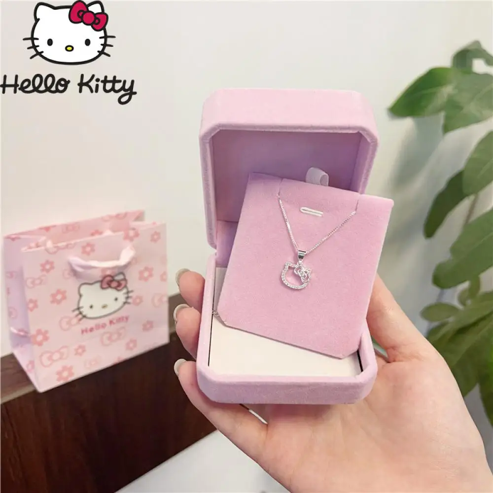 Hello Kitty Necklace Anime Sanrioed Kawaii Lovers Ring Diamond Silver Necklace Adjustable Miss Girlfriend Birthday Festival Gift