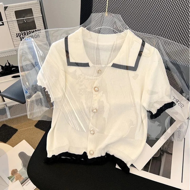 Women Knit Summer Sweater Ice Silk Short Sleeve Korean Fashion T-shirt Chic Korean Fashion Polo Neck Tee Top Clothing