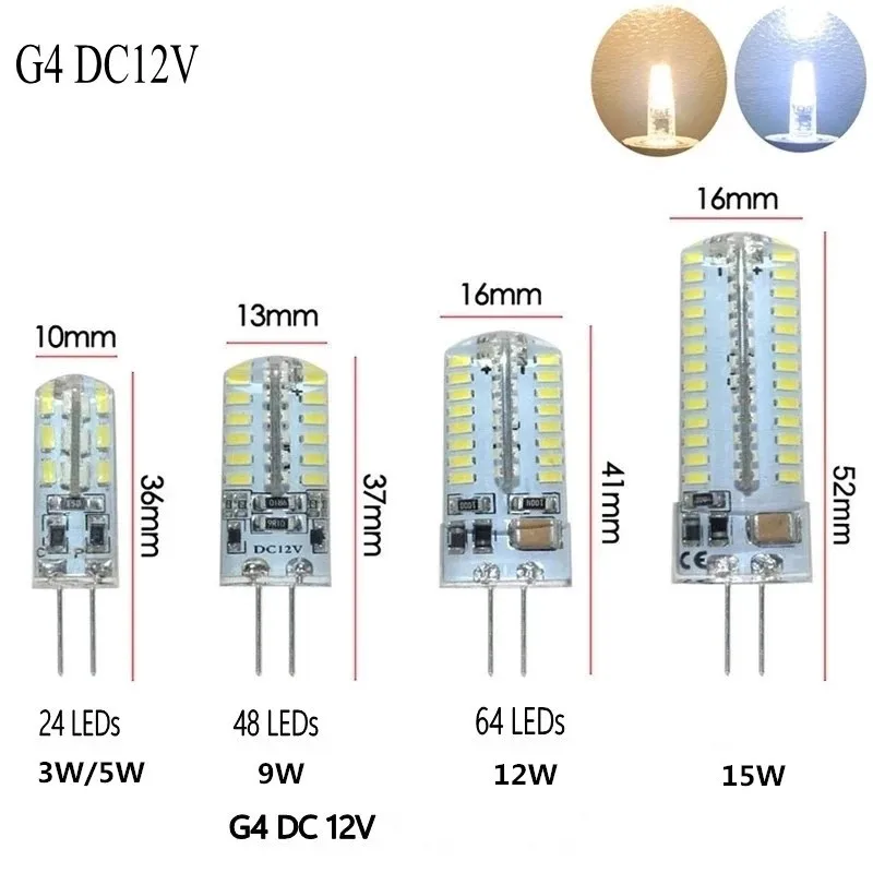 10 pces g4 lâmpada led 2w 3w 5 9 10 12 15 12v/ac220v 3014smd 24led silicone quente branco/branco l ângulo de 360 graus conduziu a luz