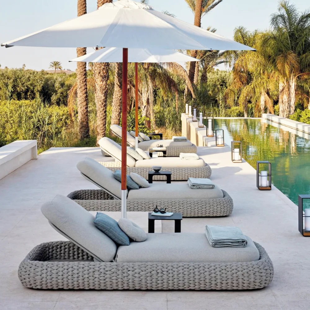 Modern Leisure Outdoor Garden Furniture Aluminum Woven Rope Chaise Lounge Chair for Beach Side Swimming Pool Bed Sun Lounger