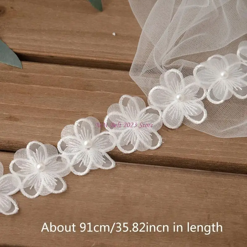 49ME 1 Yard Handmade Flower Embroidered White Lace Trim Ribbon Pearl Beaded Applique Wedding DIY Garment Sewing Accessories