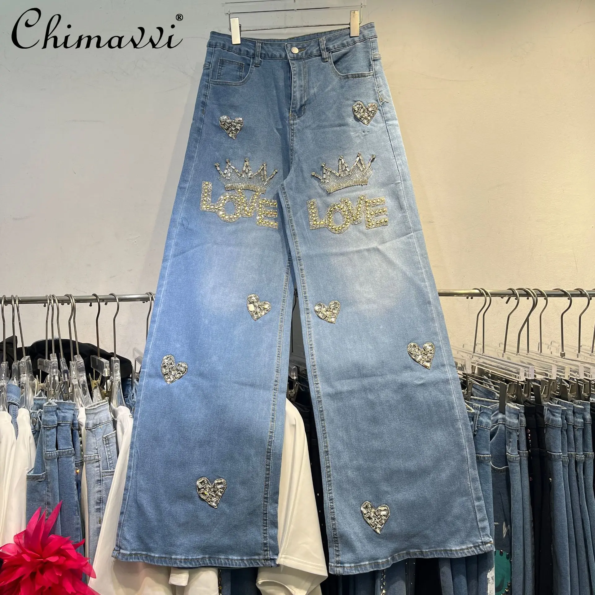 

Корейский стиль, модные повседневные джинсы большого размера, универсальные свободные джинсовые брюки с высокой талией в форме сердца и стразами для женщин