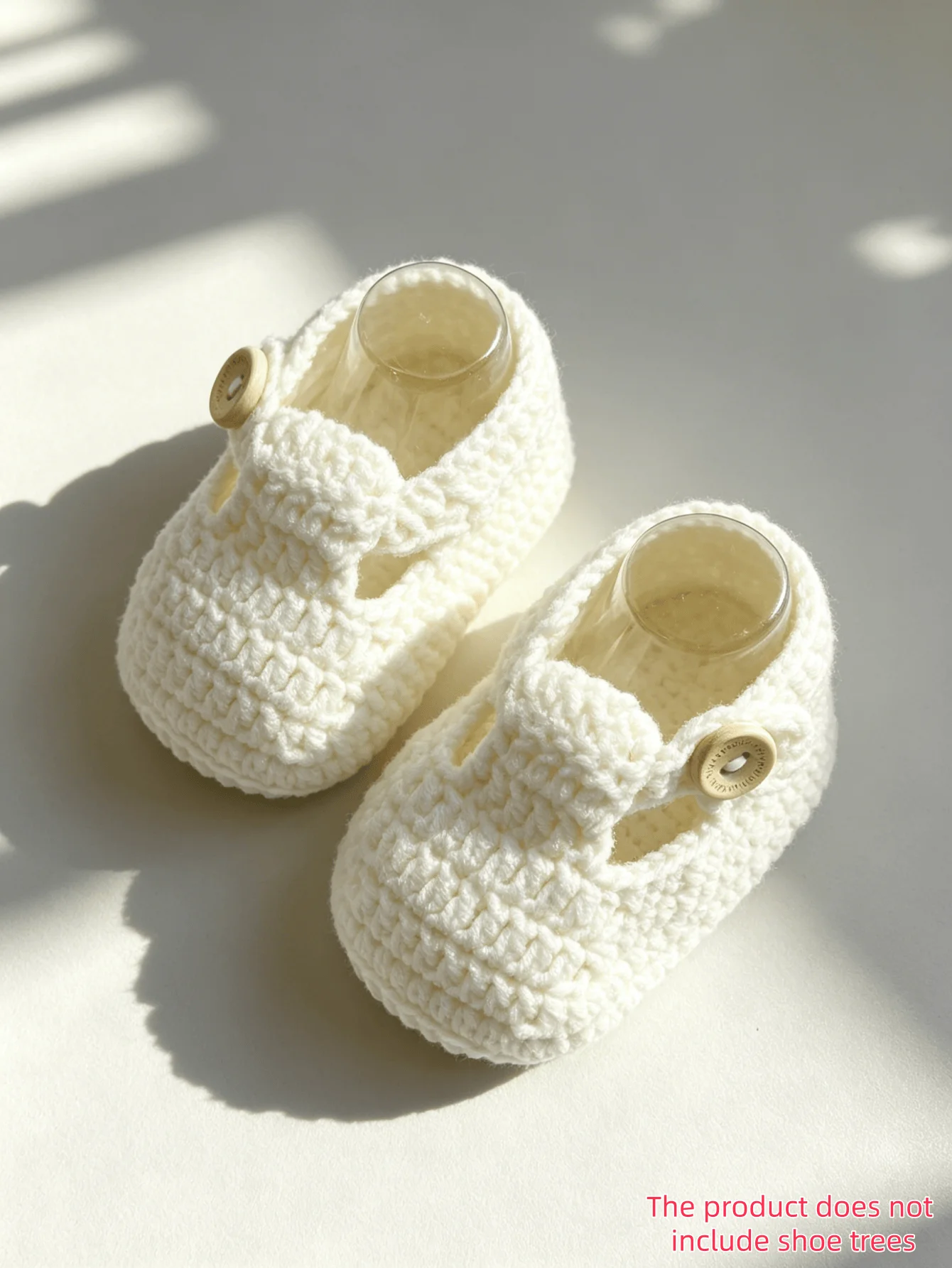 1 Pair Crochet Baby Booties, White, Mary Jane Style with Button Strap, Newborn Infant Shoes