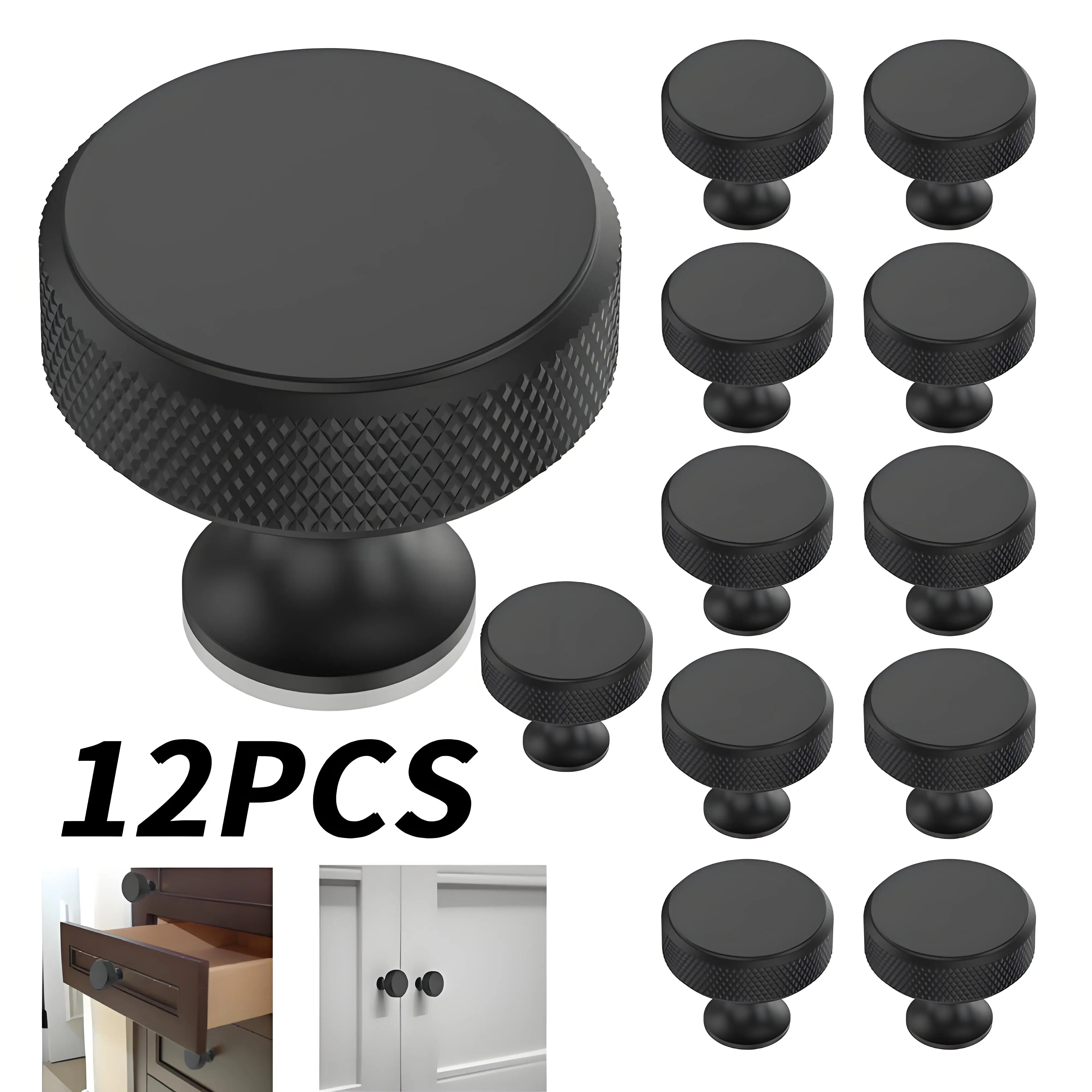 

12 шт., матовые черные ручки для шкафа, современные круглые с винтами, алюминиевый сплав, одно отверстие, с накаткой, фурнитура, ручки, легко устанавливается