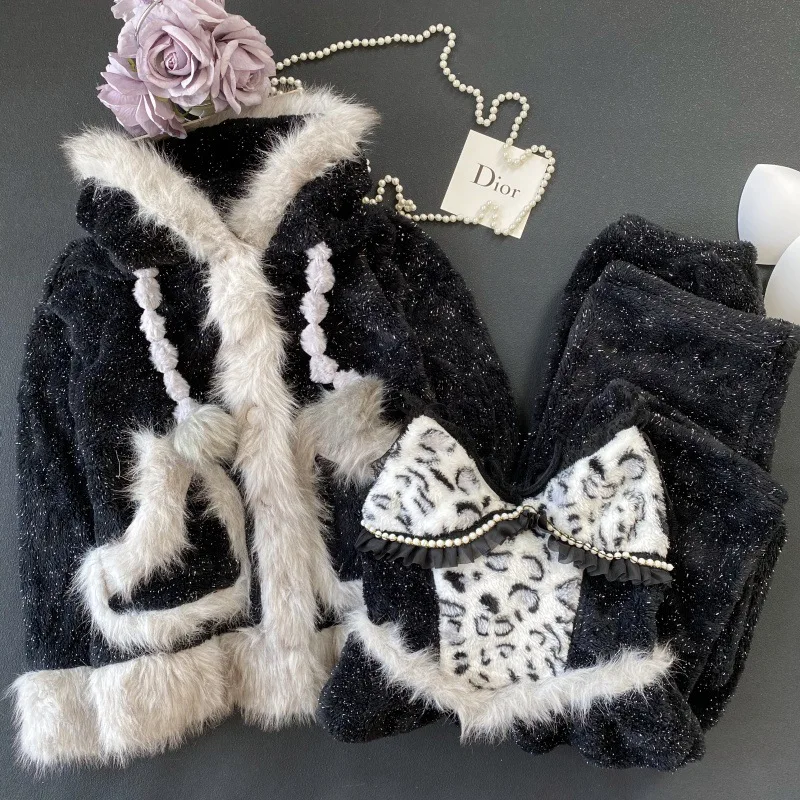Women Winter Flannel Pajama Set 3 Pcs Leopard Print Hooded Thick Loungewear Spaghetti Strap Nightdress Shirt Pants Sleepwear