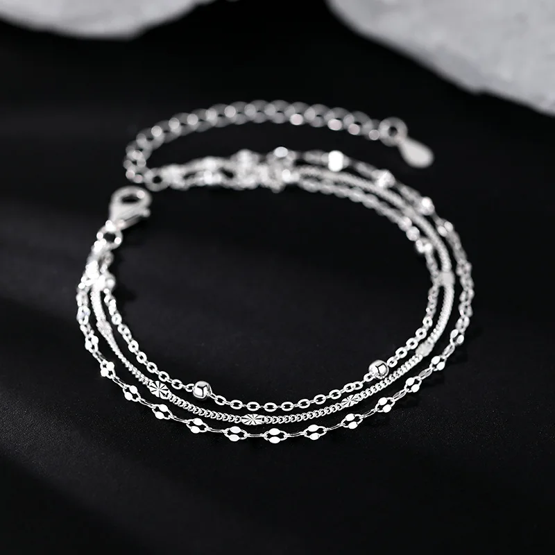 New 925 Sterling Silver Round Bead Sequin Sparking Bracelet for Women Fashion Fine Hand Jewelry Wedding Party Gift