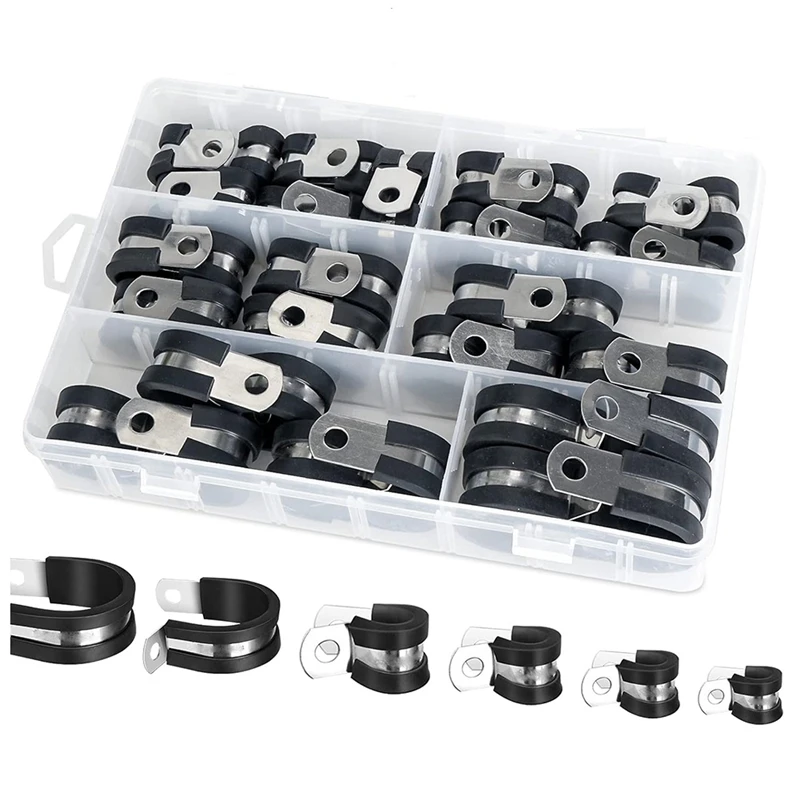 42PCS Cable Clamps Set - Rubber Cushioned 304 Stainless Steel Hose/ Loop/ Pipe Clamps In 6 Sizes