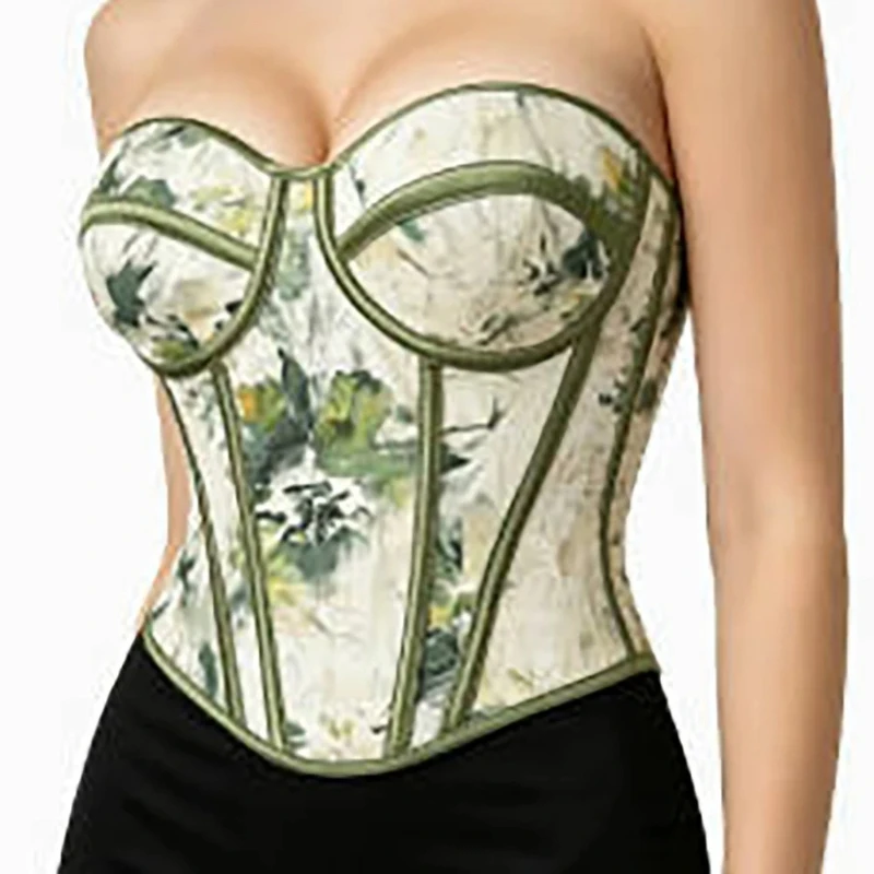 

Vintage Green Floral Corset Top Strapless Bustier Boned Crop Top Women Backless Party Streetwear