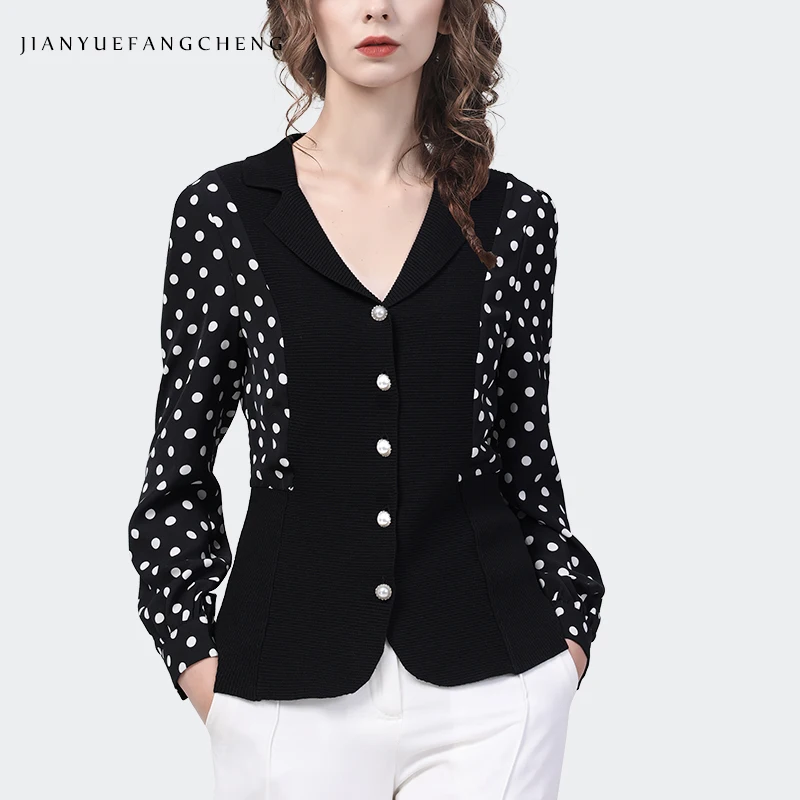 2023 Spring New Women Long Sleeve Knit Top Black Polka Dots Shirt Elegant Slim Fit V-Neck Button-down Casual Office Blouse