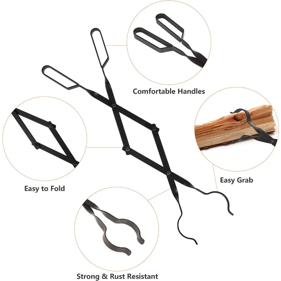 헤비 듀티 32인치 긴 벽난로 화로 캠프파이어 포커 스틱 및 26인치 벽난로 집게 도구 세트 녹 방지 블랙