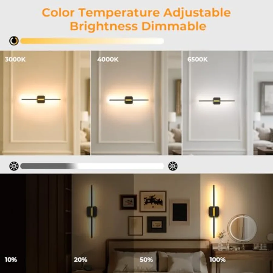 Battery Operated Wall Sconces Set of 2 Detachable 360°Rotate Wall Lamps 3000-6500K Dimmable with Remote Control 10000mAh Rechar