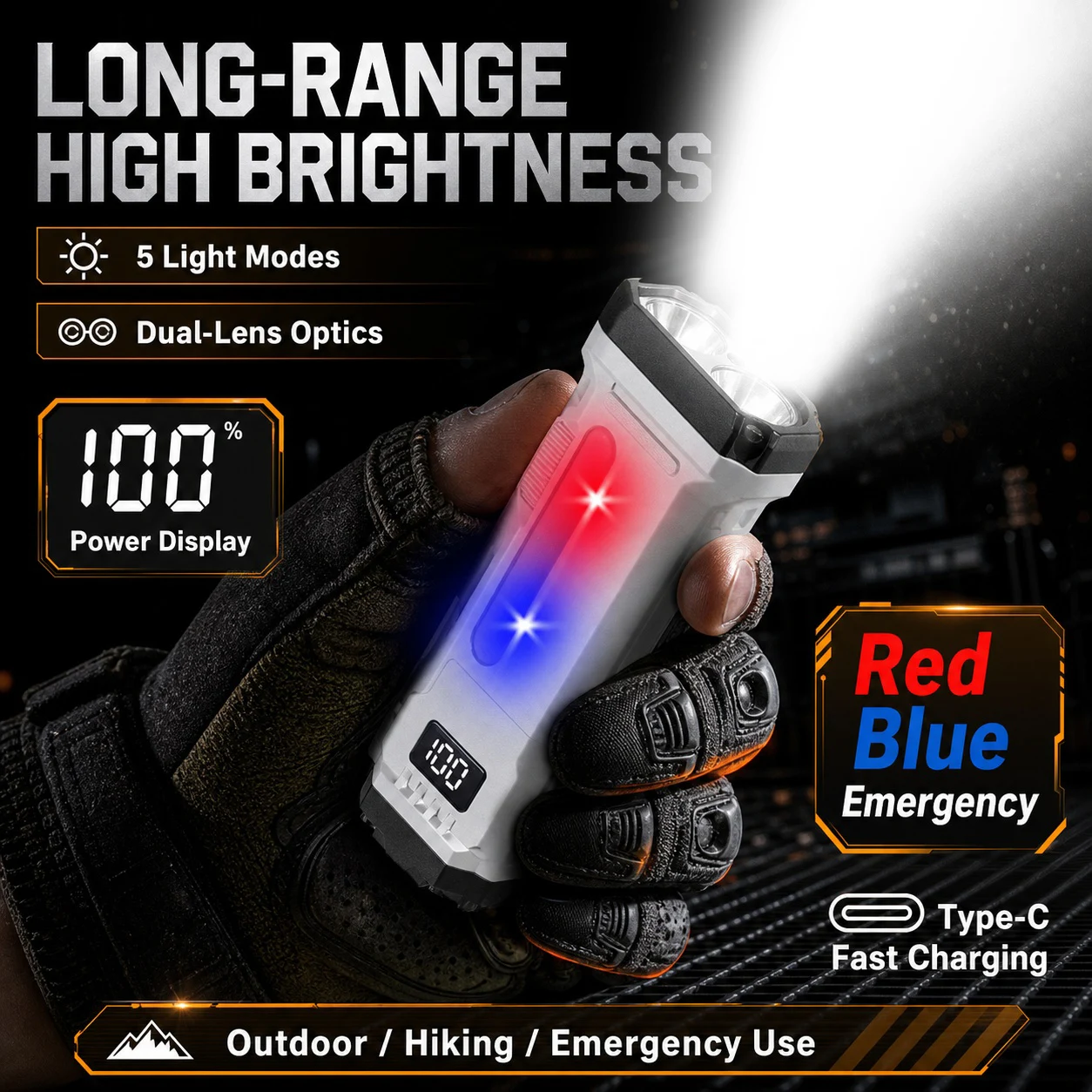 New Multifunctional Outdoor Strong Light Flashlight, Digital Display with Magnetic Attraction, Red and Blue Flashing Warning Lig