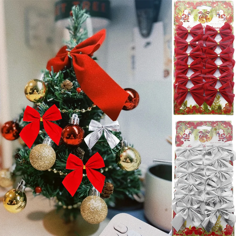 

12pcs 5cm Red Gold Bows Merry Christmas Decorations for Home Silver Bowknot DIY Xmas Tree Ornaments New Year 2023 Navidad