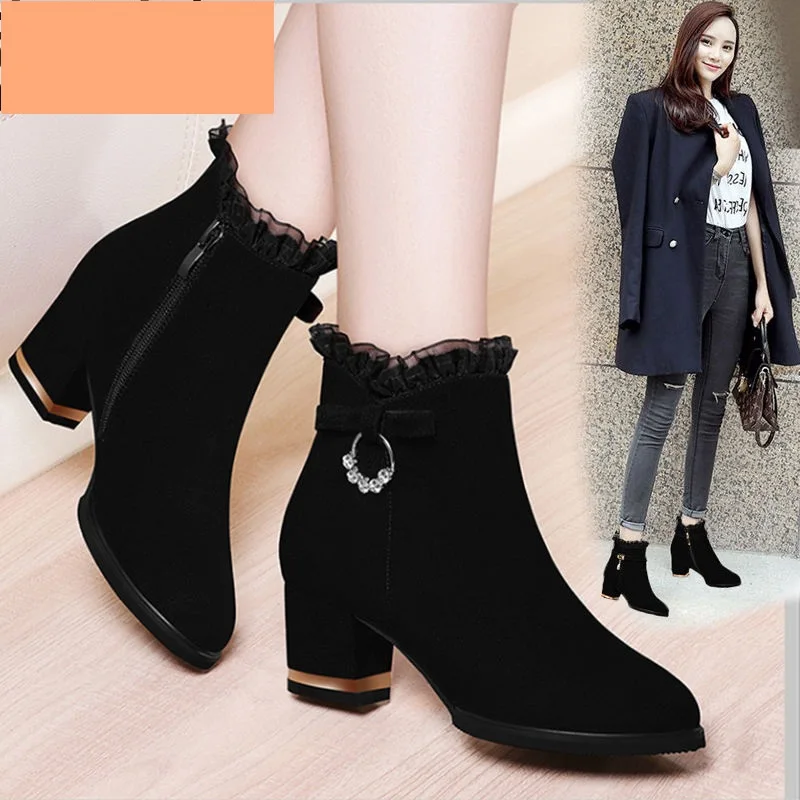 FHANCHU Fashion Women Flock Ankle Boots,Mid Heeels Winter Shoes,Lace Short Botas,Round Toe,Side Zip,Black,Dropship