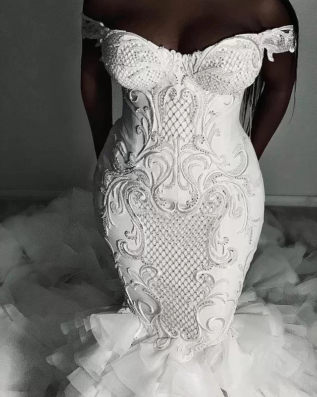 Customized Plus Size Mermaid Wedding Dresses Bridal Gowns Lace Appliqued Beaded Off The Shoulder Tiered Skirts Ruffles Vestido D