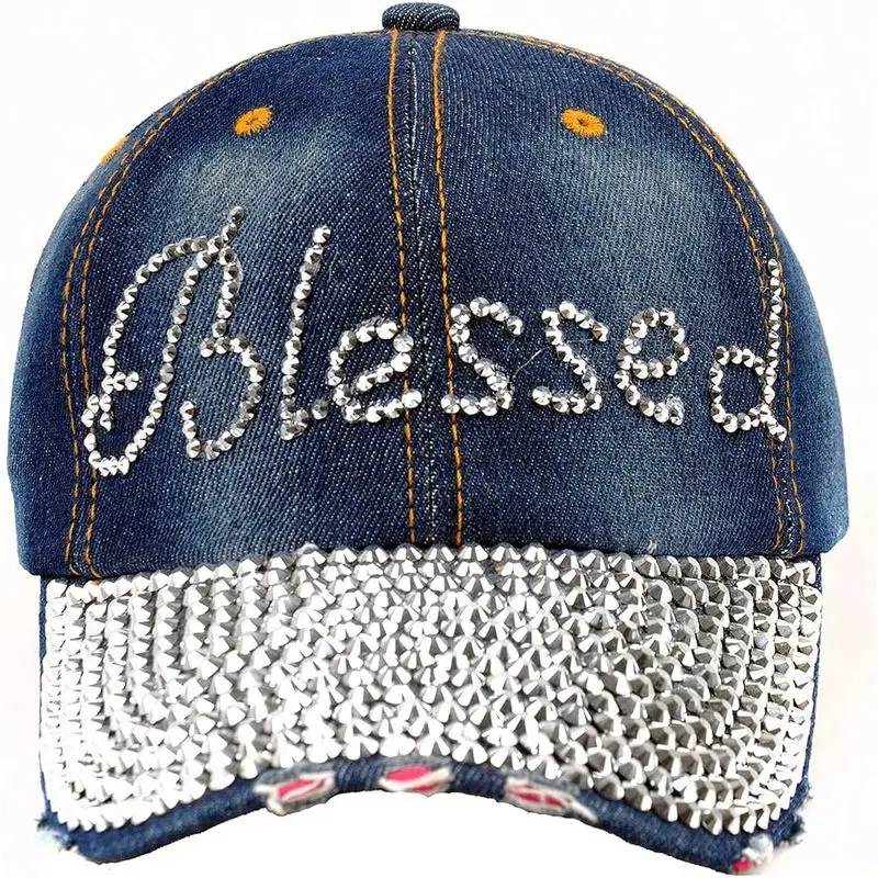 Washed Denim Blue Rhinestone Blessed Baseball Cap for Women, Adjustable Bling Sparkling Dad Hat