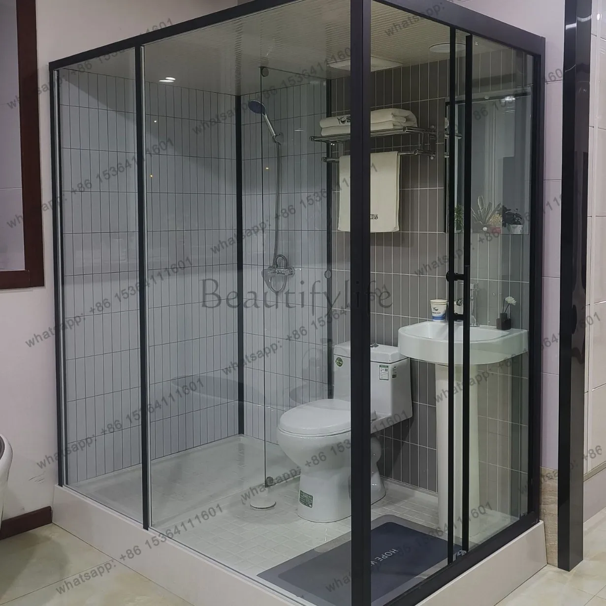 Hotel square shower room full tempered glass sliding door glass partition integrated bath room, toilet toilet
