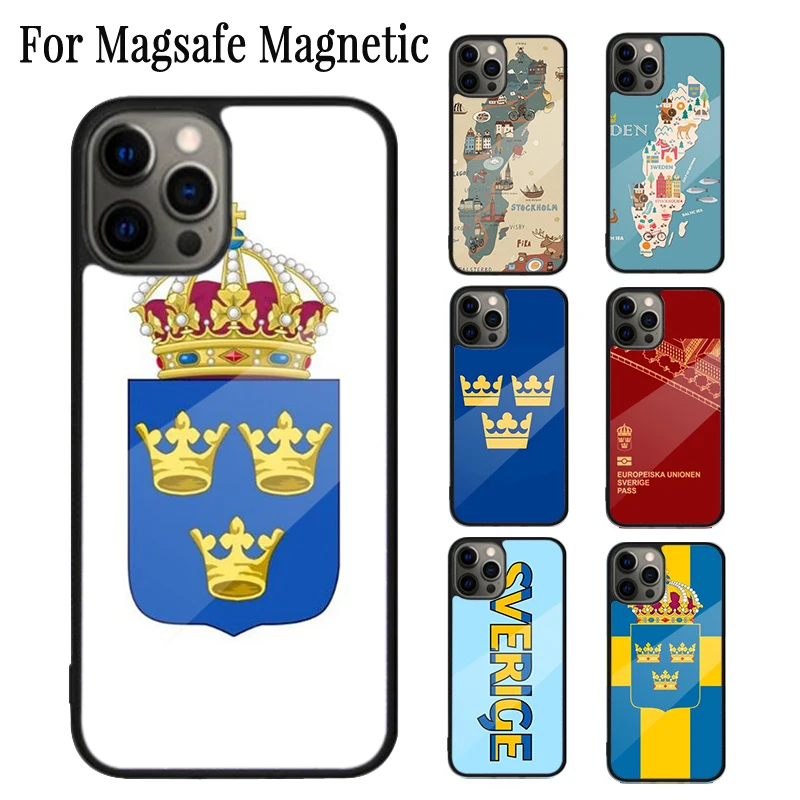 

Sweden Passport Magnetic Phone Case Coque For iPhone 16 15 14 Plus 13 12 Mini 11 Pro Max Magsafe Wireless Charging Cover Capa